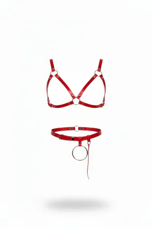 Red Vegan Leather Strappy Harness Bra and O-Ring Waist Belt Set