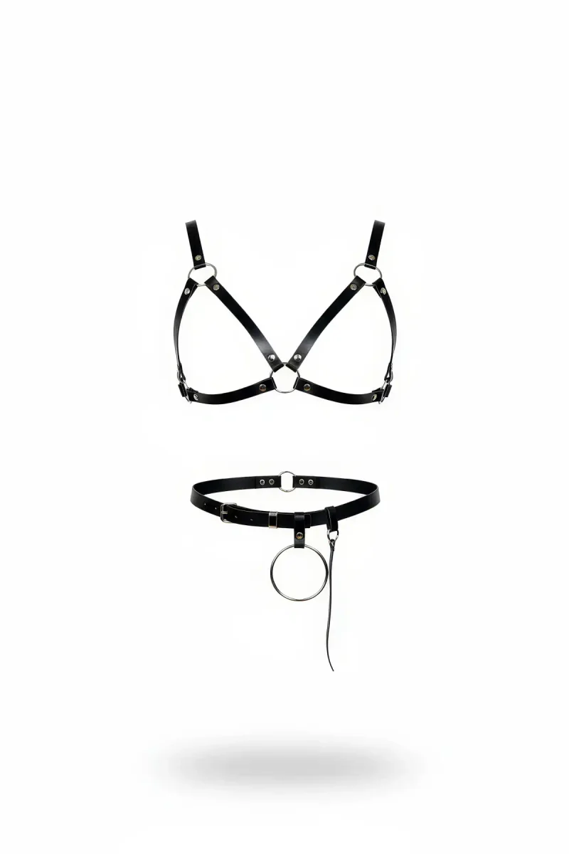 Black Faux Leather Harness Bra and Waist Belt Set with O-Ring Detail
