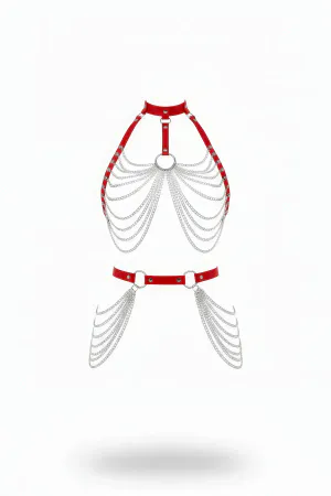 Red Faux Leather Chest and Waist Chain Harness Set Silver Hardware