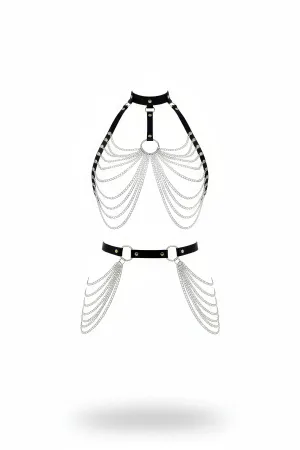 Black Faux Leather Halter Body Harness Set with Silver Chain Drapes and Adjustable Waist Belt for Women