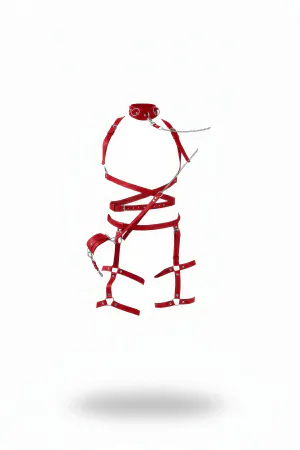 Red Faux Leather Full Body Harness with Choker and Leg Garters