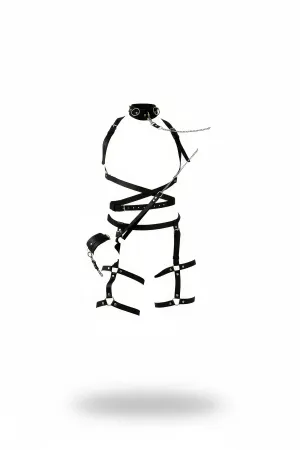 Black Faux Leather Full Body Harness with Leg Garters and Collar Chain