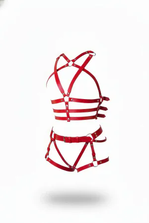 Red Faux Leather Cage Body Harness Set with Silver O-Rings and Buckles