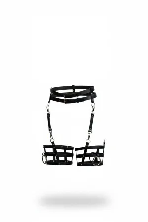 Black Faux Leather Garter Harness Belted Waist Caged Thigh Cuffs Adjustable Straps Silver O-Rings