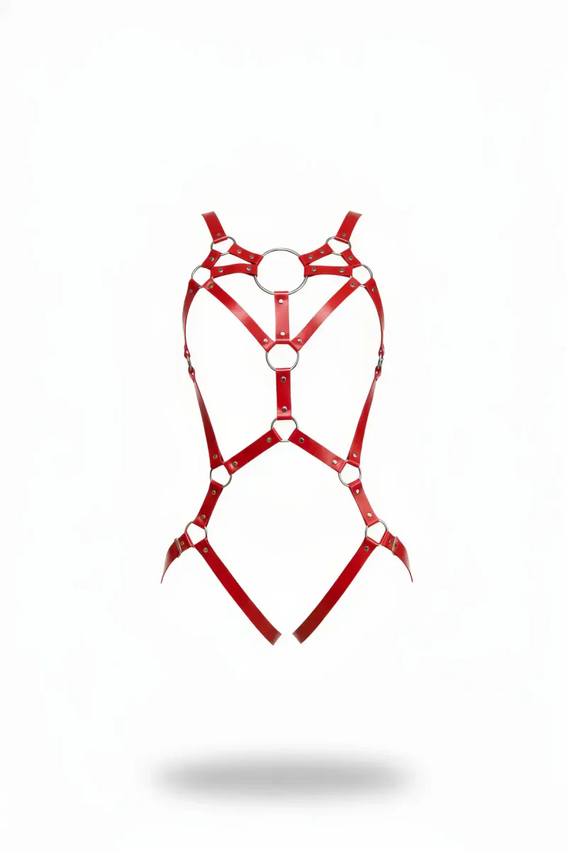 Kırmızı suni deri body harness kadın metal halka detaylı ayarlanabilir