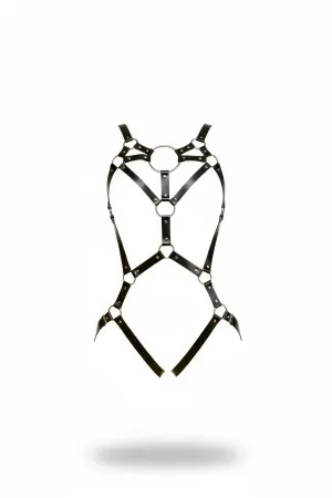 Siyah Faux Leather Body Harness Metal Halka Detaylı Geometrik Örgü Yapısı