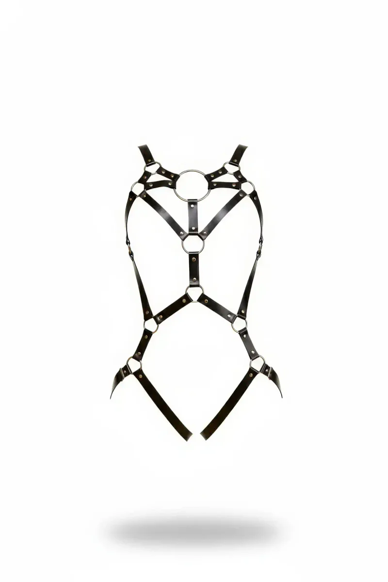 Siyah Faux Leather Body Harness Metal Halka Detaylı Geometrik Örgü Yapısı