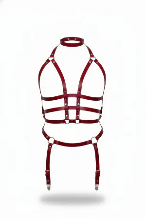 Claret Red Vegan Leather Full Body Harness with Garter Straps