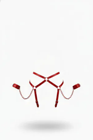 Red Vegan Leather Waist Harness with Cuffs and Chains