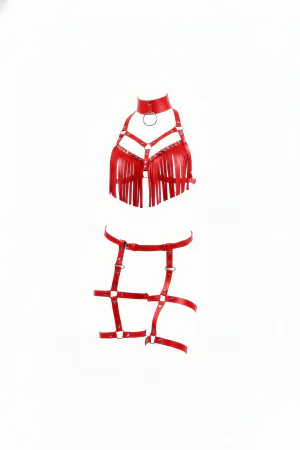 Red Fringed Vegan Leather Body Harness Set with Thigh Garters and O-Ring Choker