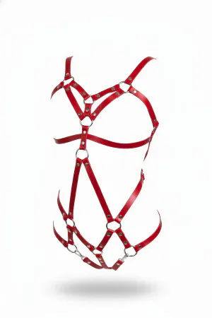 Red Faux Leather Strappy Body Harness with O-Ring Details