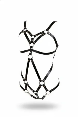 Black Faux Leather Strappy Body Harness with O-Rings