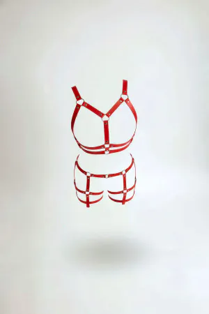 Red Faux Leather Body Harness Set Two Pieces Silver O-Ring Hardware
