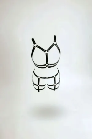 Black Faux Leather O-Ring Body Harness Short Set Women