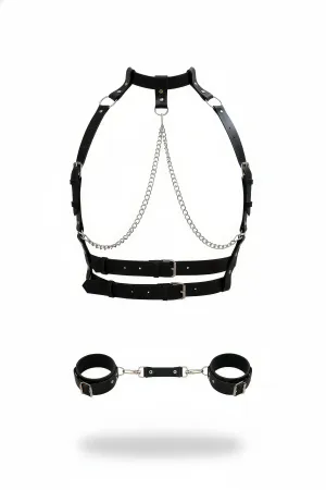 Black Faux Leather Body Harness with Chain Details and Matching Cuffs