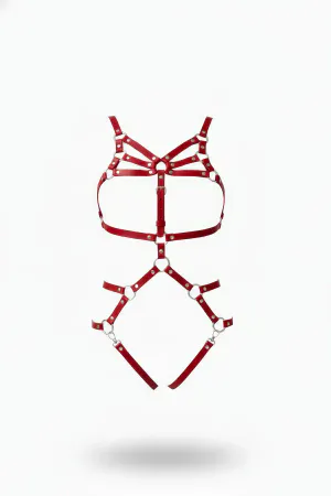 Kırmızı Faux Leather Body Harness Kadın Metal Halka Detaylı