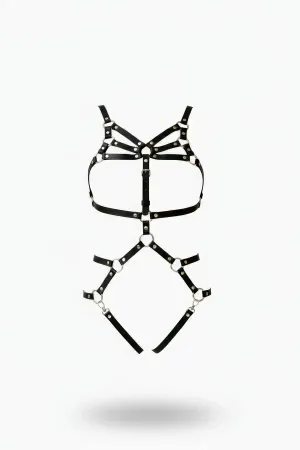 Siyah Faux Leather Body Harness Geometrik Desenli Vücut Aksesuarı Metal Halka Detaylı