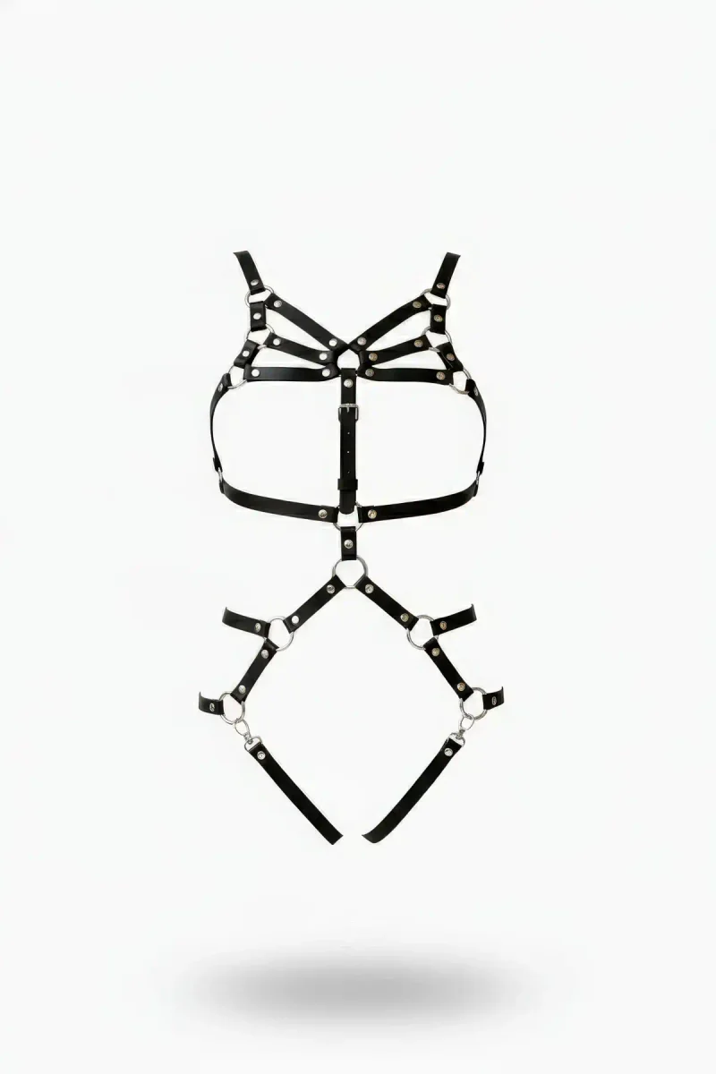 Siyah Faux Leather Body Harness Geometrik Desenli Vücut Aksesuarı Metal Halka Detaylı