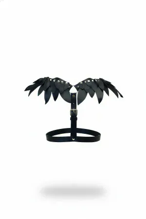 Black Faux Leather Winged Chest Harness with Silver Studs, Front View