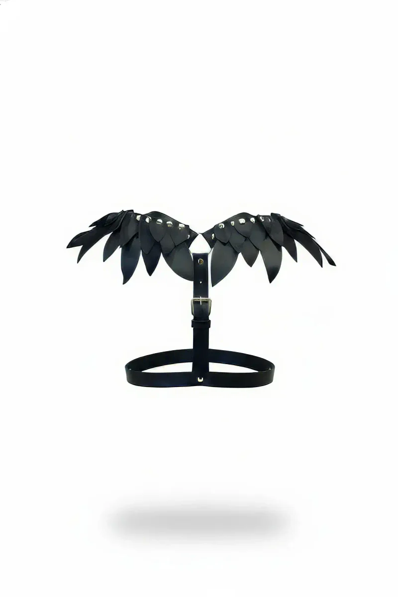 Black Faux Leather Winged Chest Harness with Silver Studs, Front View