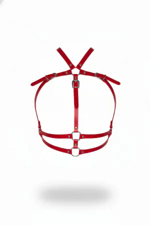 Red Faux Leather Chest Harness with Silver O-Rings and Adjustable Buckles