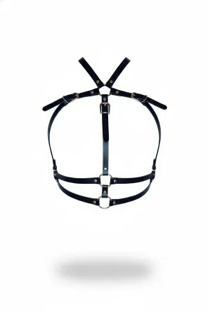 Black Faux Leather Adjustable Chest Harness with Silver O-Rings