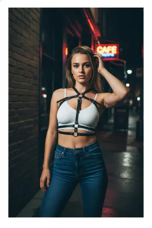 Black faux leather adjustable chest harness with O-ring accents worn by a woman