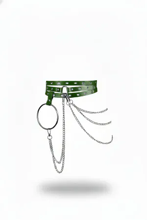 Olive Green Faux Leather Waist Harness with Silver O-Ring and Cascading Chains