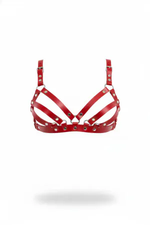 Red Vegan Leather Cage Bra Harness Silver Studs