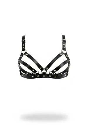 Black Faux Leather Cage Chest Harness Bra with Studs Adjustable Straps