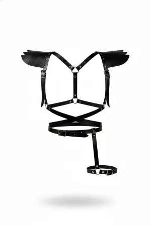 Black Faux Leather Winged Body Harness with Thigh Garter and Adjustable Straps