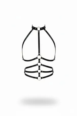 Black Faux Leather Caged O-Ring Body Harness with Choker