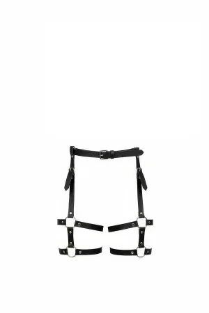 Black Faux Leather Garter Thigh Harness with Silver O-Rings and Buckle Closures