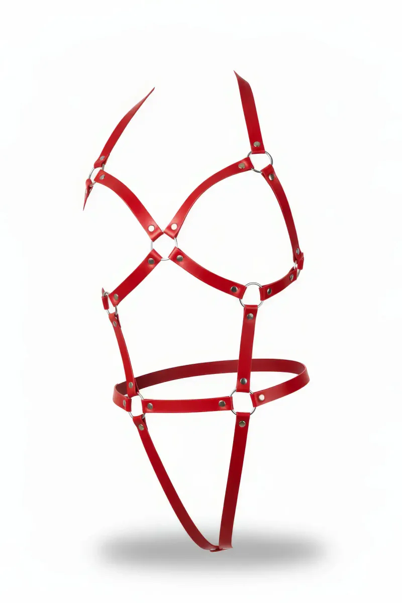 Kırmızı Faux Leather Body Harness Kadın Metal Halka Detaylı Ayarlanabilir Bantlar