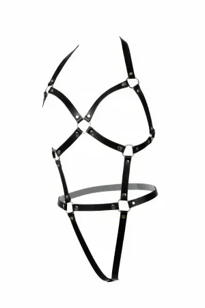 Black faux leather body harness with adjustable straps and O-ring details