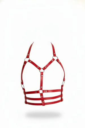 Red Faux Leather Underbust Cage Harness Strappy O-Ring Design