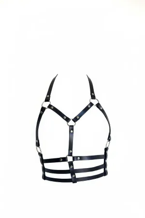 Siyah suni deri vücut harness aksesuarı metal O-halka detaylı