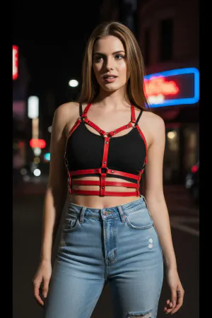 Red Faux Leather Multi-Strap Ribcage Chest Harness with Silver Hardware