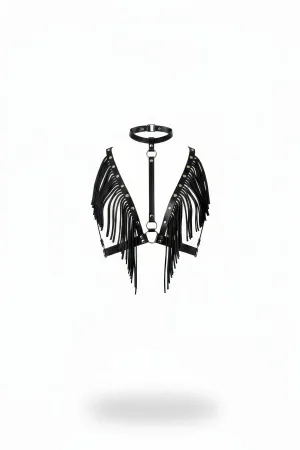 Black Fringed Faux Leather Bust Harness with O-Ring Choker