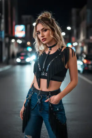 Black Faux Leather Fringe Body Harness Top and Chain Waist Belt Set for Women