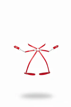 Red Faux Leather Body Harness with Chain Cuffs Adjustable Straps