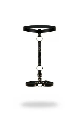 Black Vegan Leather Choker Harness with Silver O-Rings Adjustable Vertical Strap