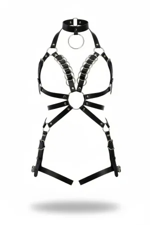 Black Faux Leather Full Body Harness Women Halter Collar O-Ring Chains