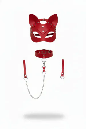 Red Faux Leather Cat Mask and Harness Set with Detachable Silver Chain