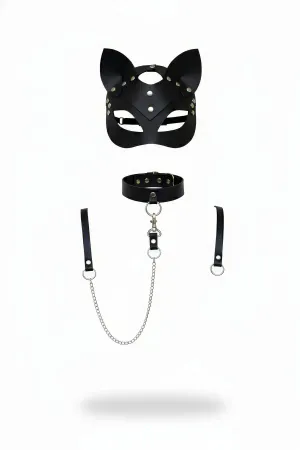 Black Vegan Leather Cat Mask Collar Harness Set Detachable Chain