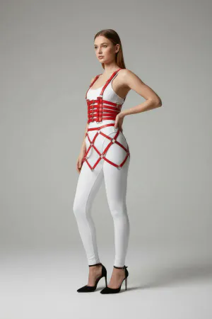 Kırmızı suni deri tam vücut harness, metal tokalar ve ayarlanabilir askılar