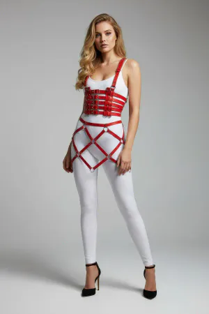 Kırmızı suni deri tam vücut harness, metal tokalar ve ayarlanabilir askılar