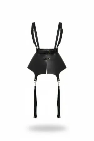 Siyah Suni Deri Püsküllü Omuz Askılı Mini Etek Harness