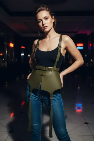 Olive Green Vegan Leather Peplum Waist Harness Adjustable Suspenders Tassels