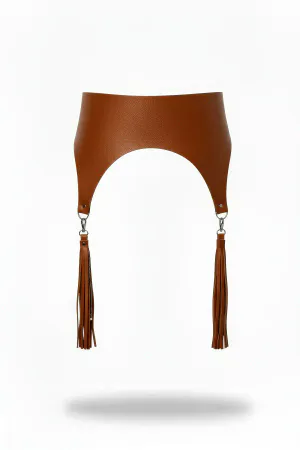 Tan Faux Leather Waist Harness with Tassels on White Background